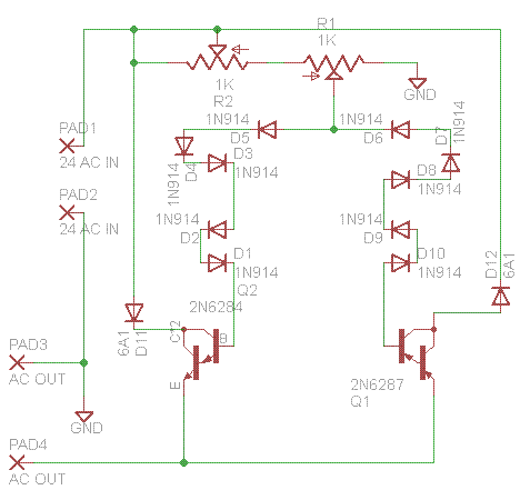 This is the circuit that I am using now, how this works is R2 acts like a governor and R1 adjust the voltage, problem is the circuit is rather sensitive and I am either blowing out the 1n914 diodes or the darlington transistors. Also The darlington transistors get super hot I have them on a heat sink with a fan blowing on them.